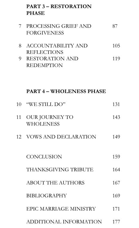 Table of contents of From Brokenness to Wholeness, A Testimony of True Restoration.